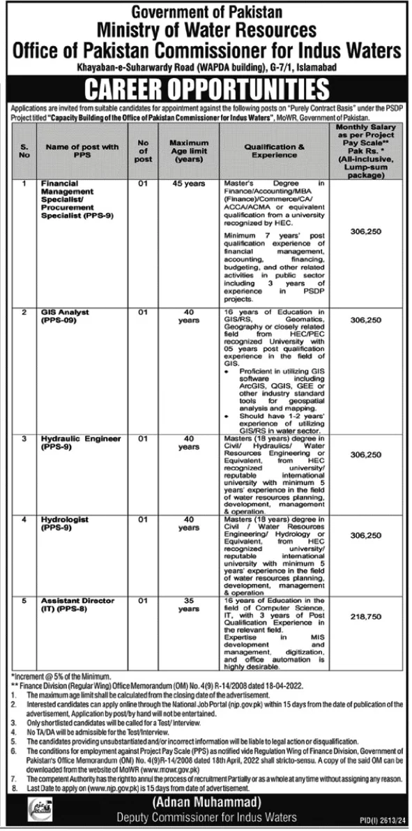  Ministry of Water Resources Office of Pakistan Commissioner for Indus Water Jobs 2024