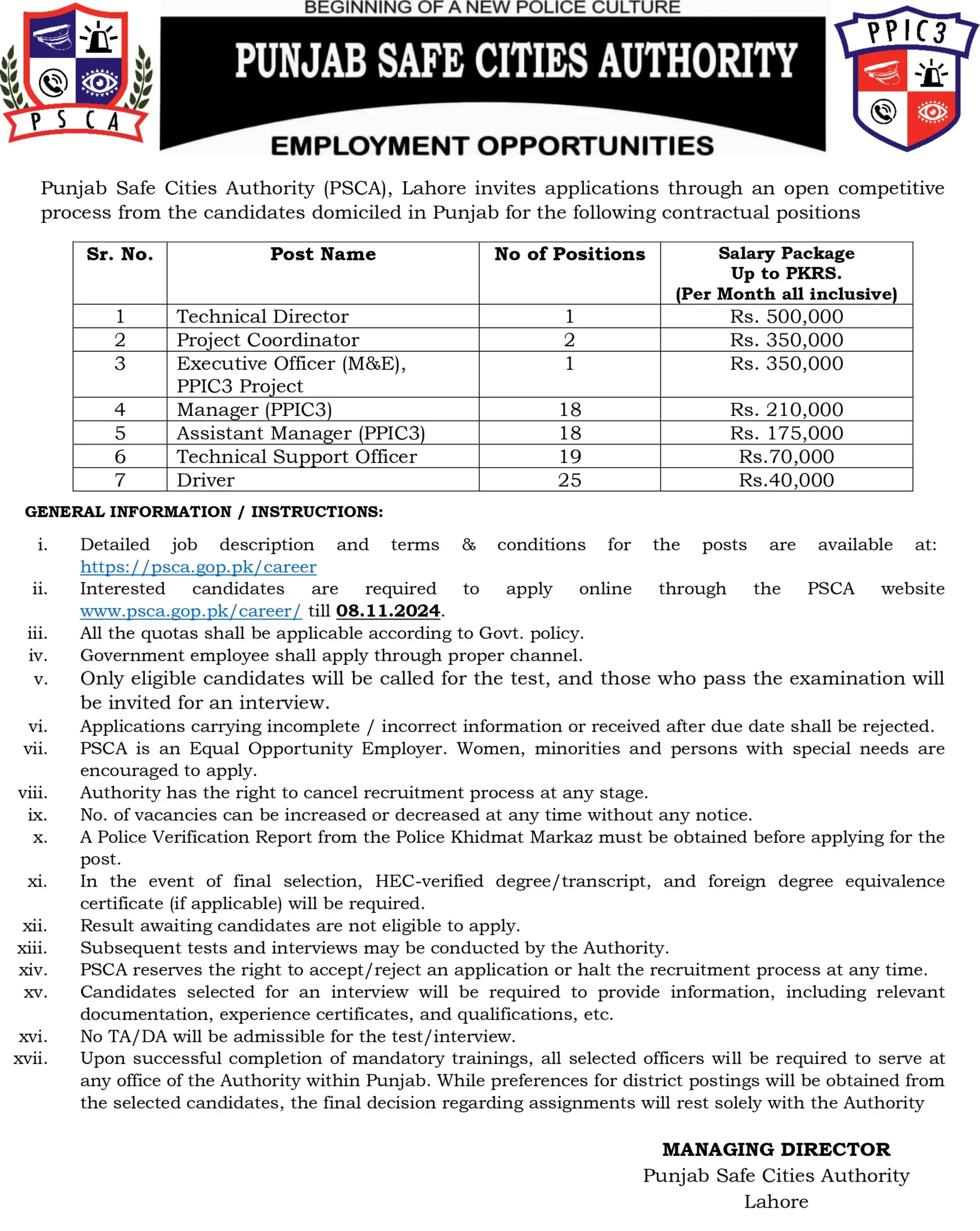 PSCA Lahore Jobs 2024