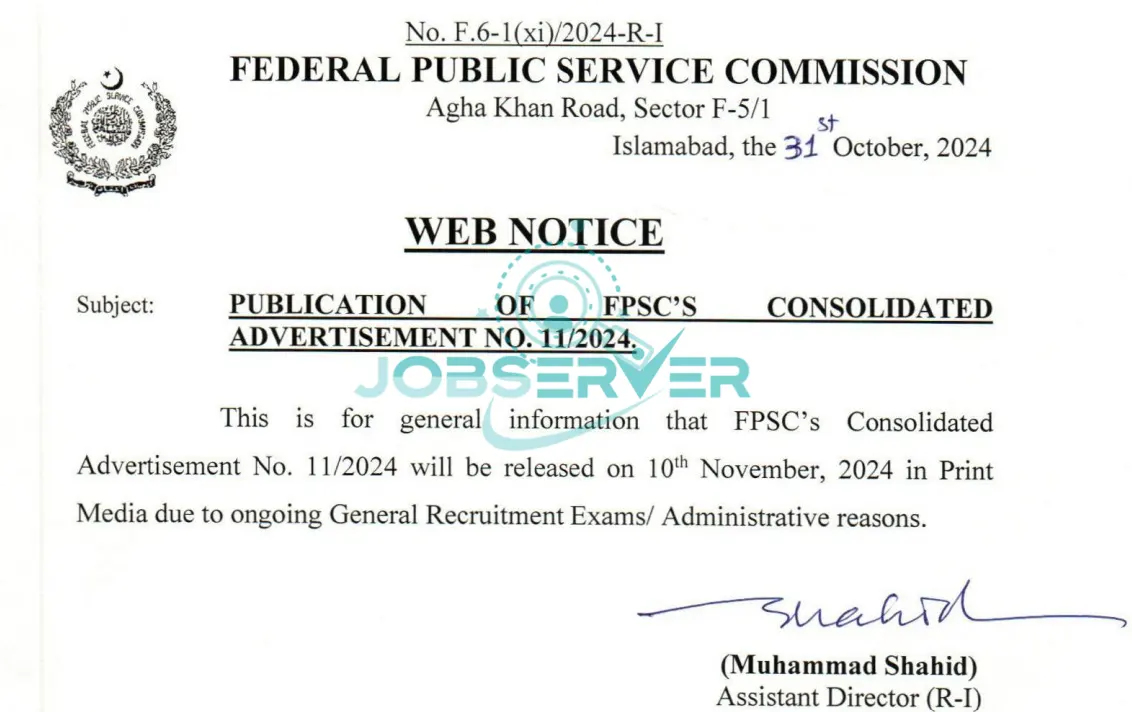 FPSC Jobs Advertisement No 11 Notification 2024