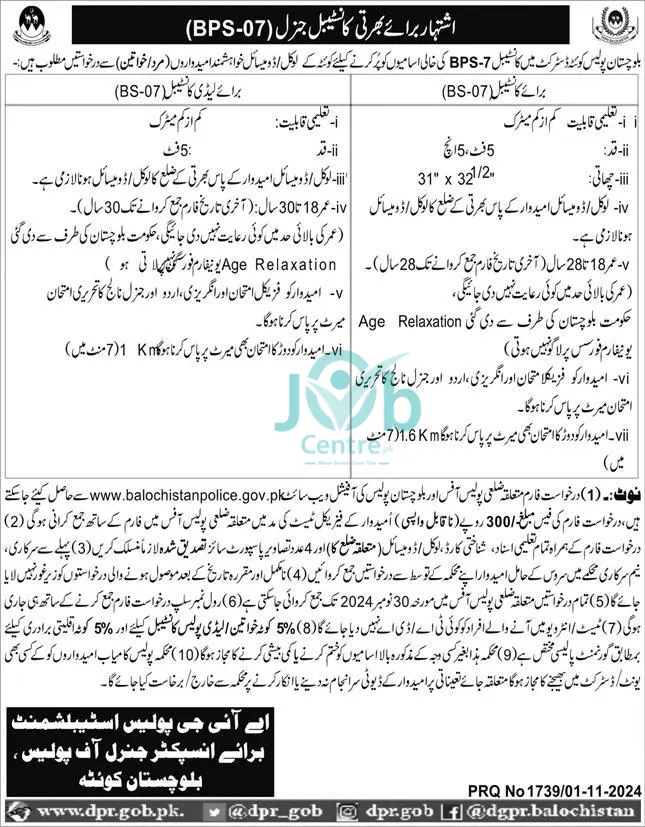  Balochistan Police Lady Constable Jobs 2024 Advertisement: