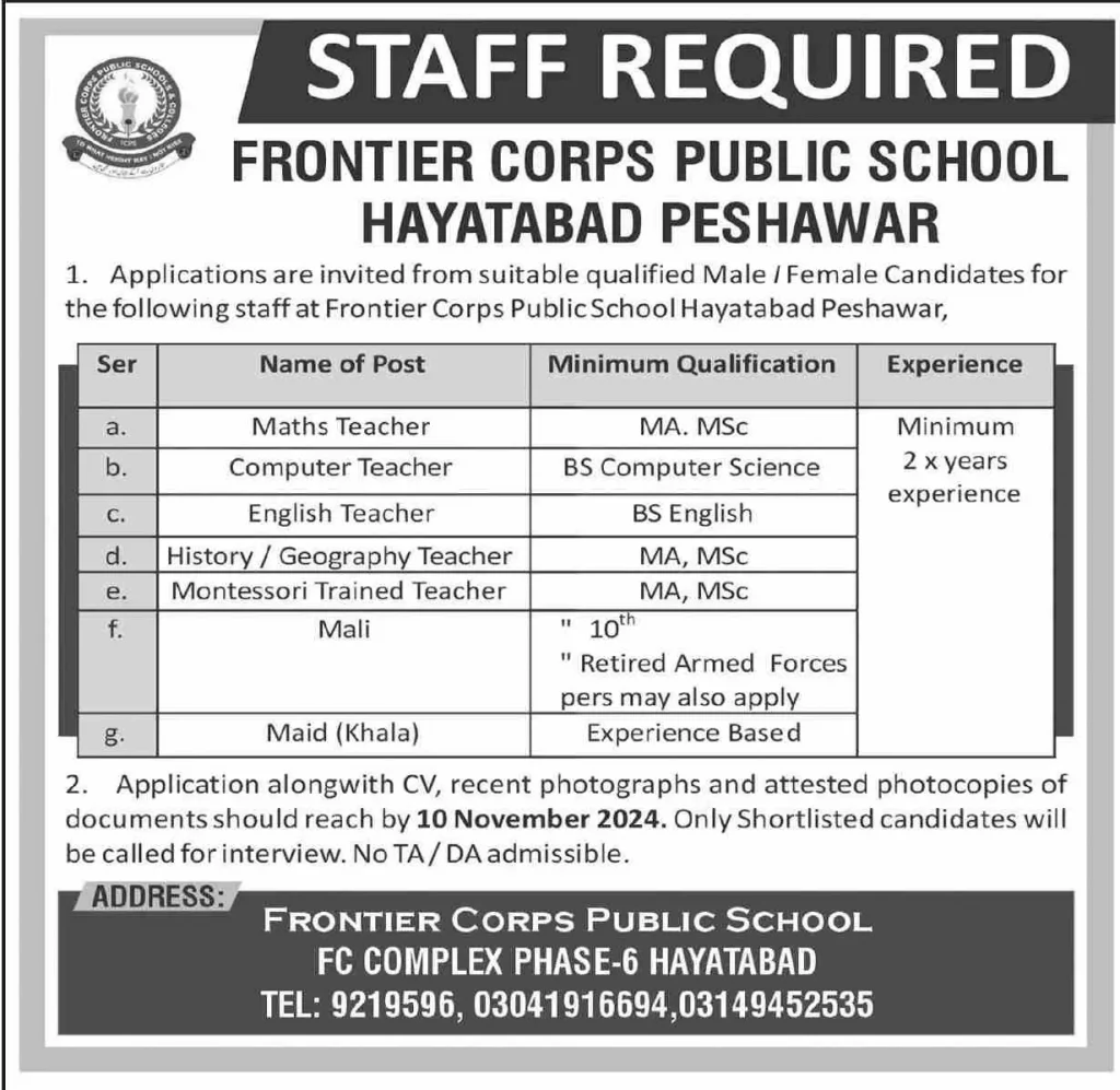  Frontier Corps Public School Peshawar Jobs 2024 Advertisement