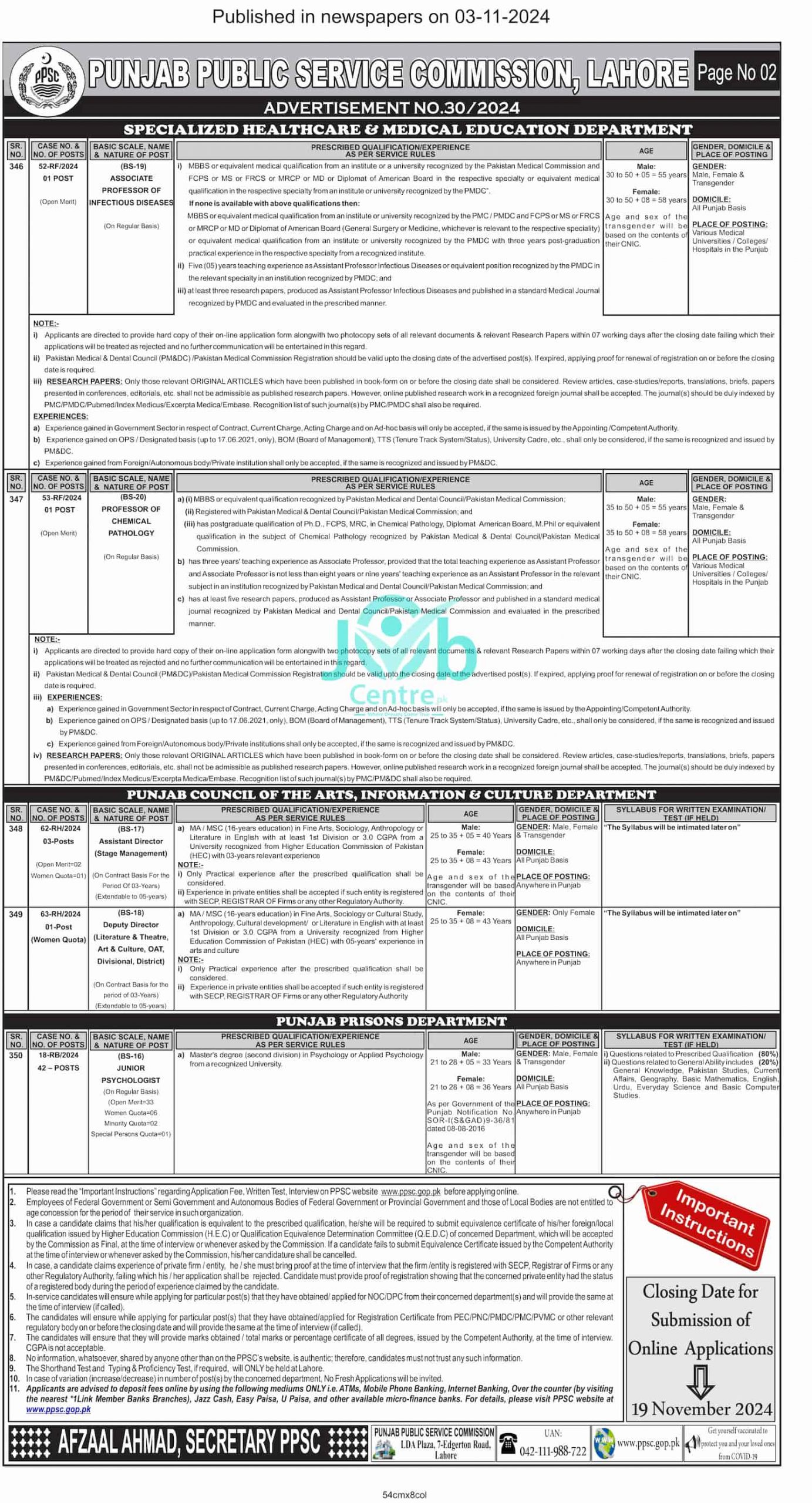 PPSC Latest Advertisement No 30 Jobs 2024