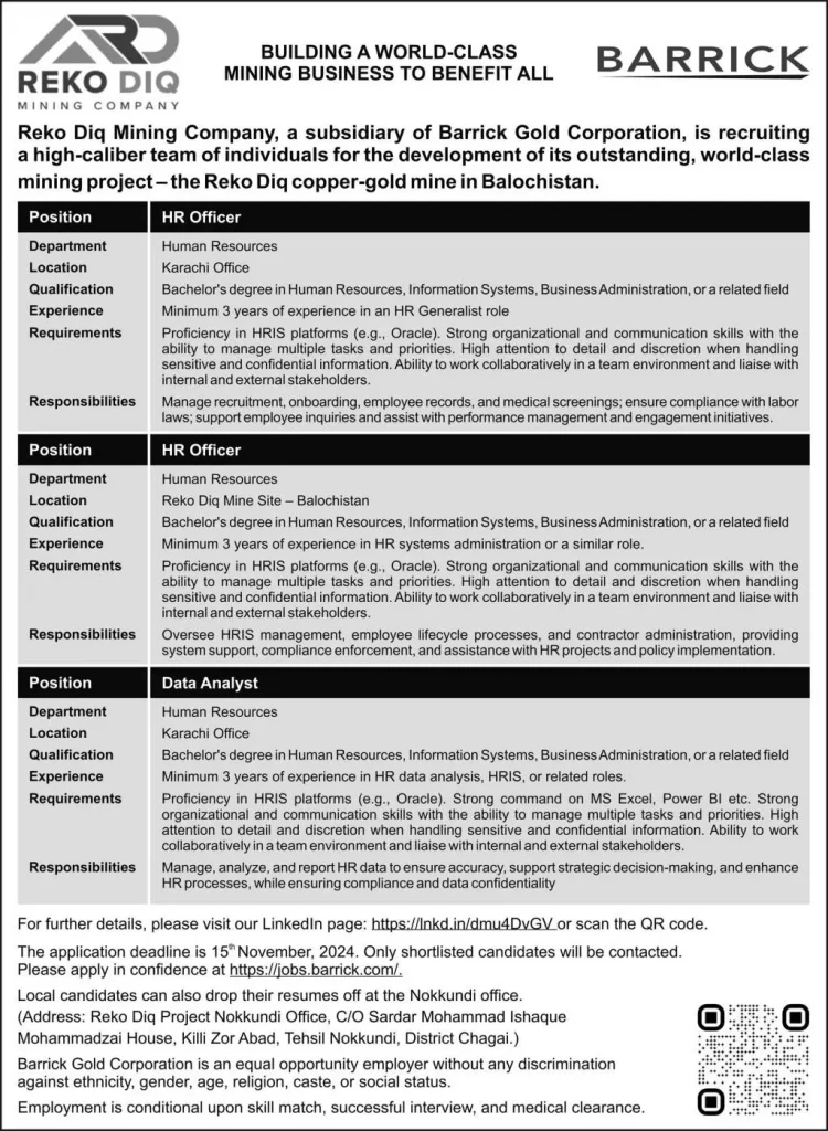 Barrick Gold Corporation Pakistan Jobs 2024 Advertisement