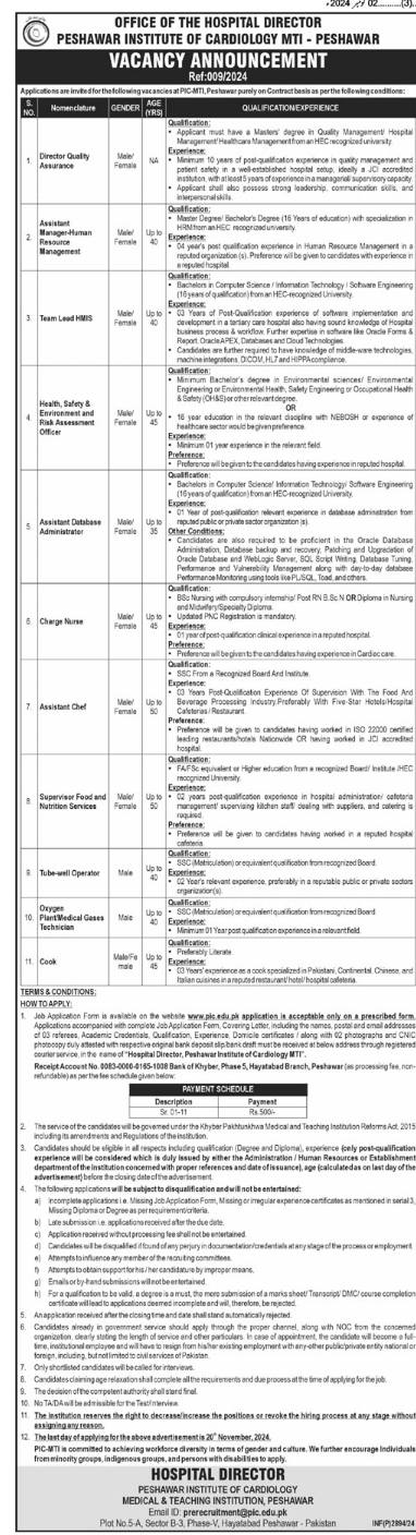 Peshawar Institute Of Cardiology Jobs 2024 Advertisement