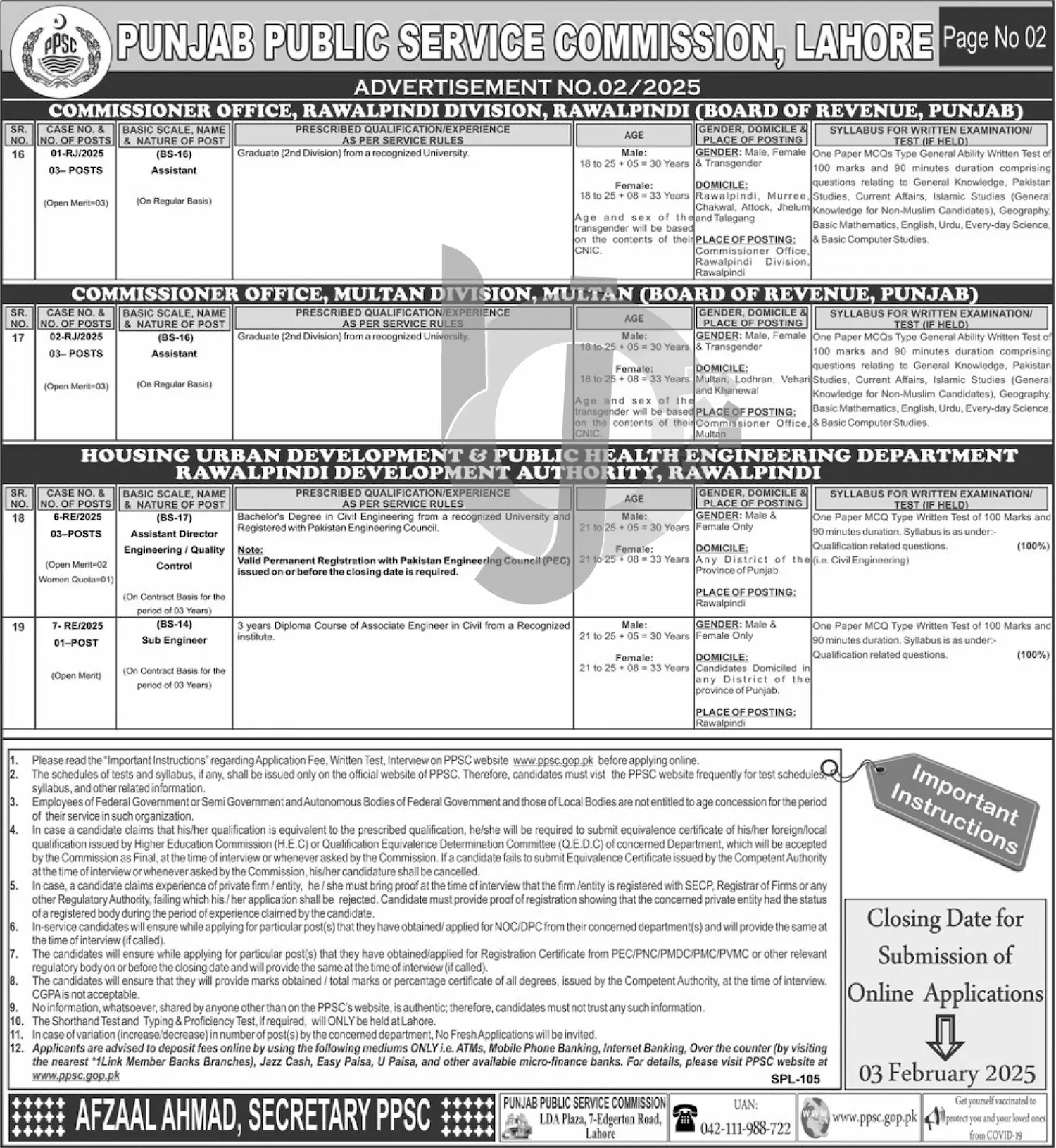 PPSC Jobs Advertisement No 022025